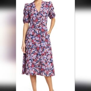Vince Camuto Lavender Floral Midi Dress with Berry Accents Puff Sleeve Crepe 0